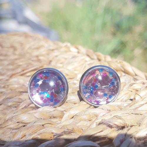 Boucles d'oreilles cabochon de verre en résine à paillettes rose poudré bleu mauve rouge et puces argent