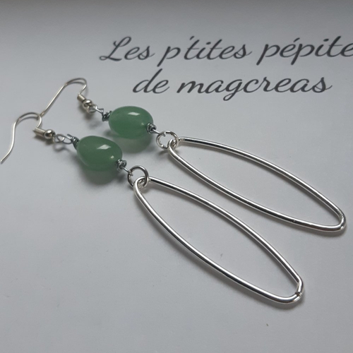Vendu / boucles d'oreilles pierre pépite aventurine verte, breloque ovale argenté