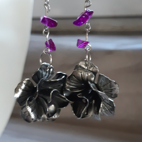 Parure collier et boucles d'oreilles pierres verre violet , fleur argent et chaine - acier inoxydable