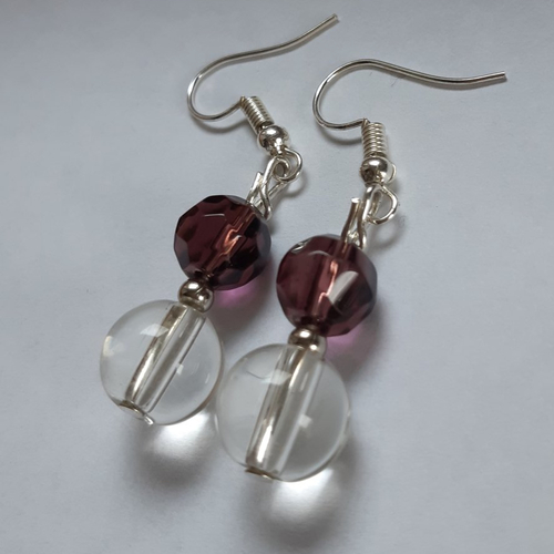 Boucles d'oreilles perle verre violet facetté, perle verre blanc, argenté