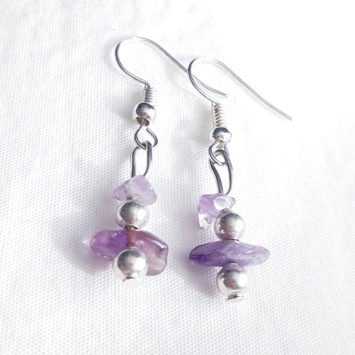 Boucles d'oreilles pierres améthyste violet, argenté