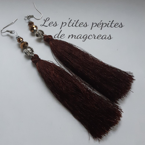 Boucles d'oreilles cristals swarovski marron facetté, breloque argenté, pampille marron