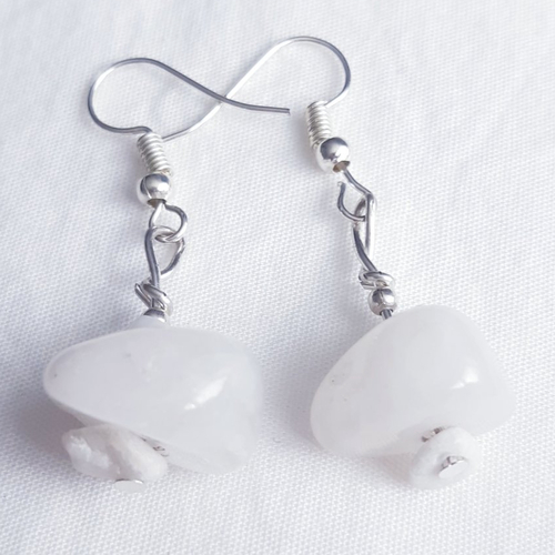Boucles d'oreilles pierre quartz blanc poudré, pierres blanches, argenté