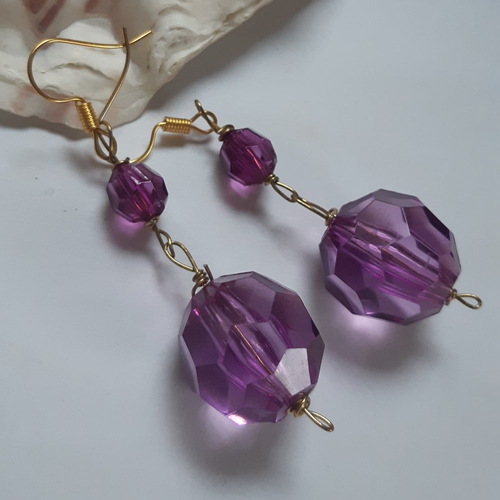 Boucles d'oreilles pierres violet facettée fantaisie, doré