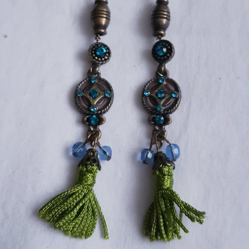 Boucles d'oreilles breloques en métal bronze à strass bleu turquoise avec perles en verre à pampille coton vert