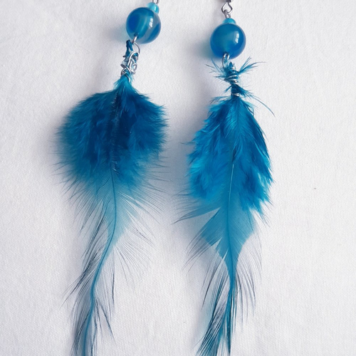 Boucles d'oreilles pierres apatite bleu, grande plume bleu, argenté
