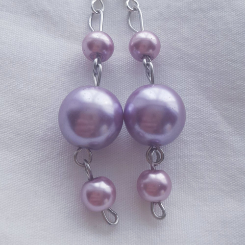 Boucles d'oreilles perles de verre nacré rose poudré, perle de verre nacré lilas et argenté