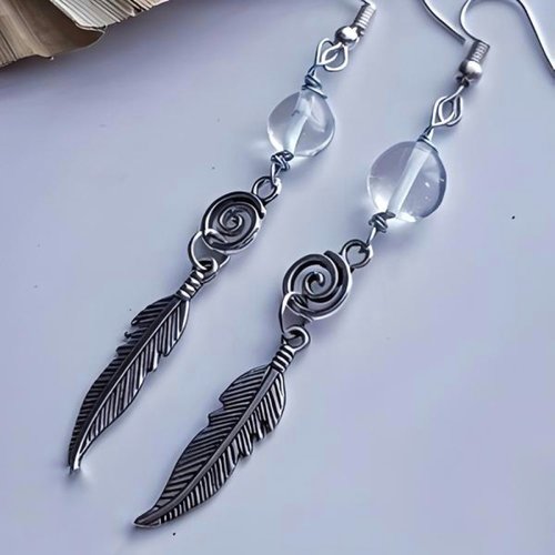 Boucles d'oreilles pierre fine quartz blanc, plume et spirale argenté - argent 925