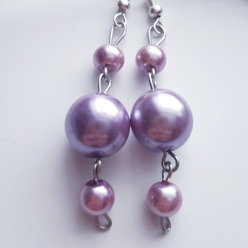 Boucles d'oreilles perles verre nacré rose poudré, lilas et argenté - acier inoxydable