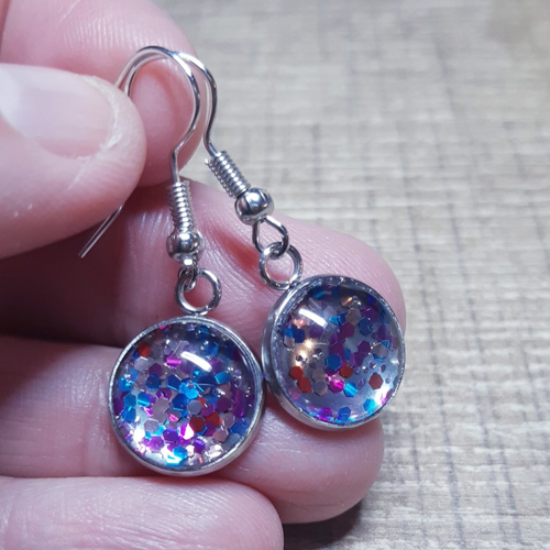 Boucles d'oreilles cabochon de verre en résine à paillettes bleu lilas rose poudré rouge et argent