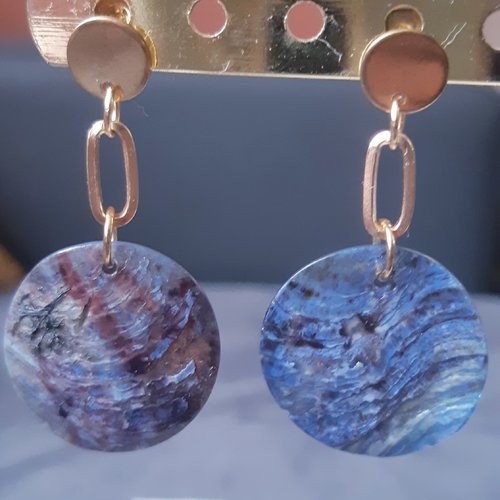 Boucles d'oreilles pastille de coquillage nacre bleu marine et puces or - acier inoxydable