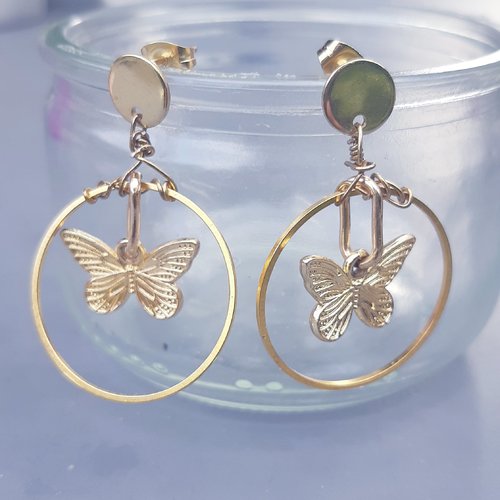 Boucles d'oreilles papillon doré , cercle doré et puces or - acier inoxydable