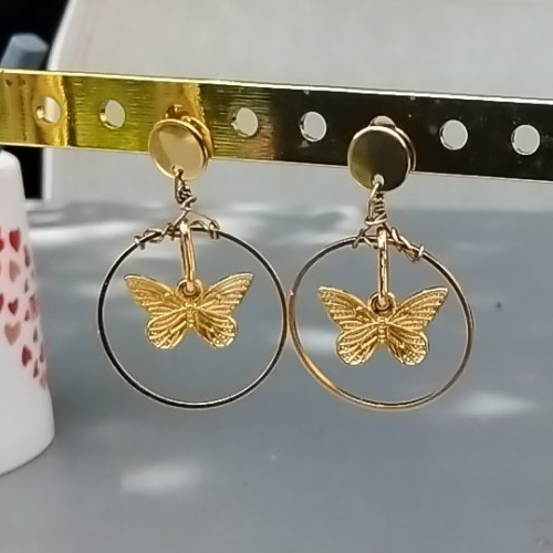 Boucles d'oreilles papillon doré , cercle doré et puces or - acier inoxydable