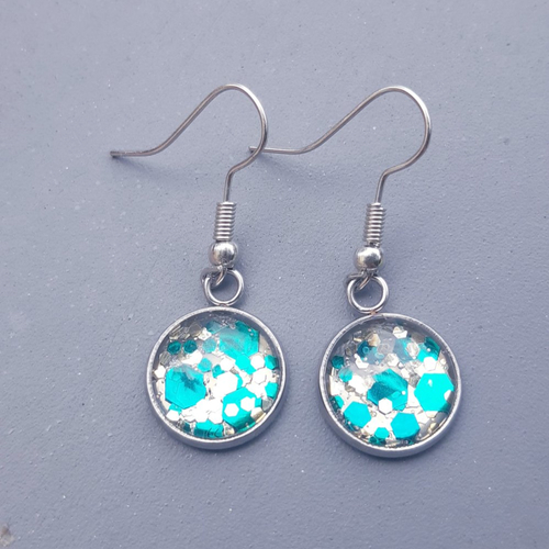 Boucles d'oreilles cabochon de verre en résine à paillettes turquoise doré et argent - acier inoxydable