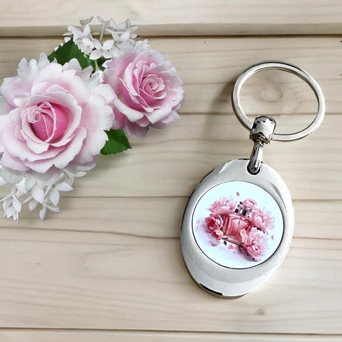 Porte clés jeton caddie parfum et fleurs roses