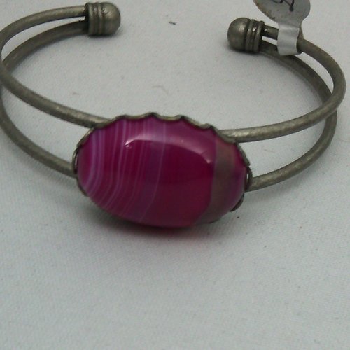 Bracelet manchette agate rose et métal argenté vieilli