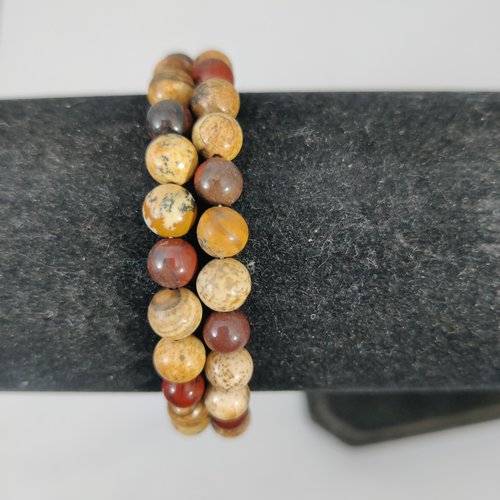 Bracelet jonc réglable orné de perles en pierres fines semi précieuses : jaspe