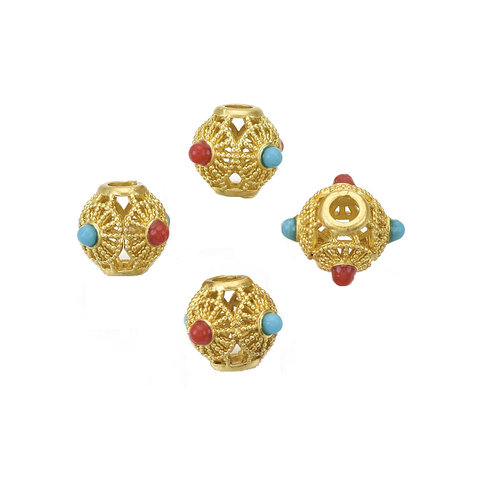 Perle dorée intercalaire, perle originale métal ouvragé, filigrané, résine bleu, résine rouge, bijoux ethnique, népal, tibet