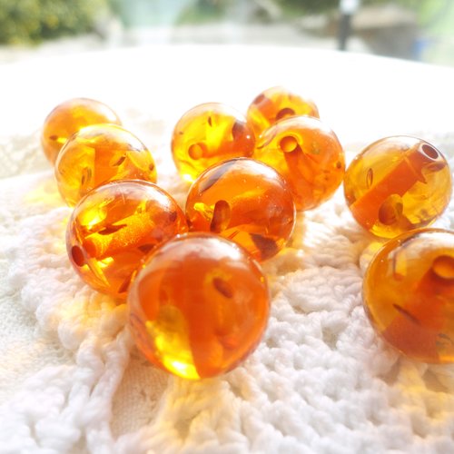 Perle ronde résine, perle ambré, x10, xxl, 15 mm, transparente, inclusion, or