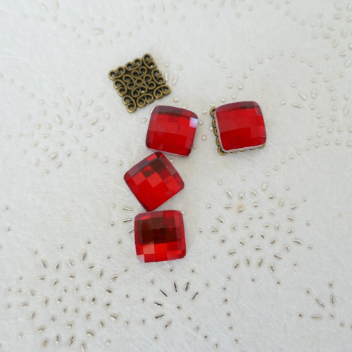 Lot cabochon facette losange, ancien verre rouge, 14 mm, x 4