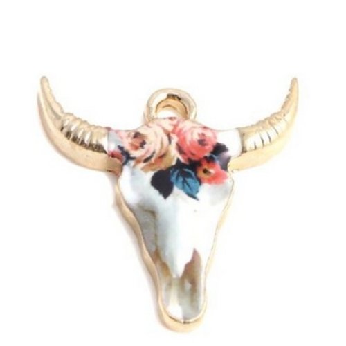 Pendentif tête de buffle, tête de bœuf émaillé, fleur émail, perle, pendant, ethnique, bohème, amerindian