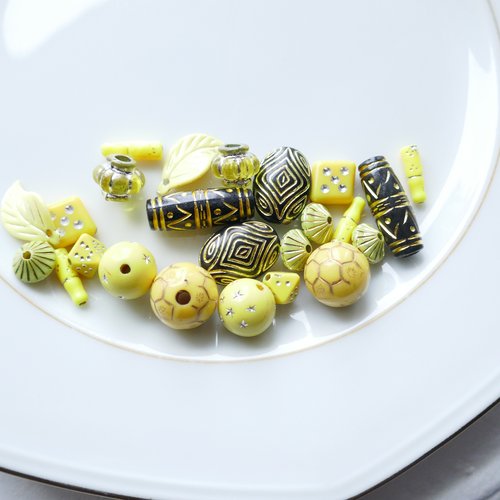 Lot perle en résine -x20- perles indonésiennes,  jaunes, argent, diy bijoux