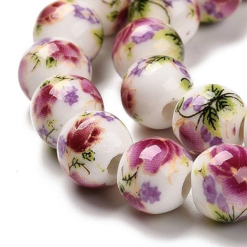 Perle porcelaine fleur, perle céramique, ronde 8 mm, fleur rose, artisanle, manuelle