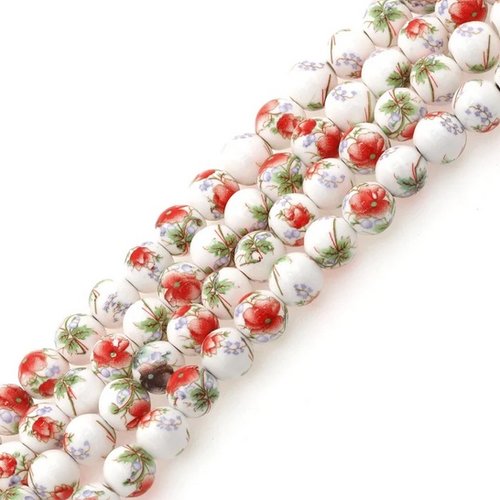 Perle porcelaine fleur,x 35, perle japonaise, fleur rouge, 8 mm, céramique,ronde,