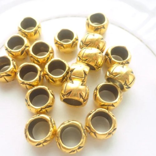 Perle passant cuir, perle passante, croix gravé, or clair, grand trou, donut