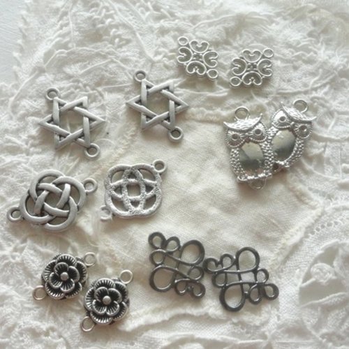 Connecteur bijoux diy, noeud celtique, breloque hiboux, perle fleur, métal argenté, apprêts,