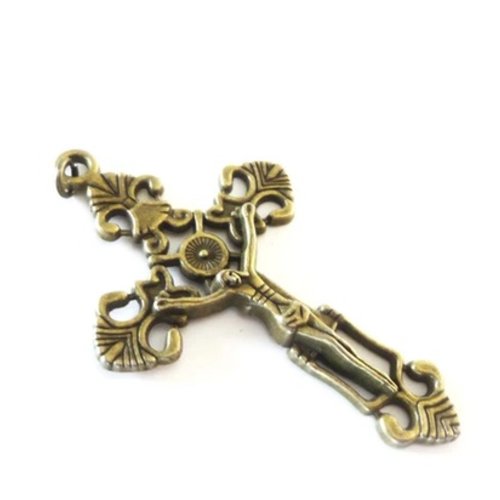Charm, bijoux,pendentif baroque croix laiton, pendentif croix et jésus, bijoux religion,