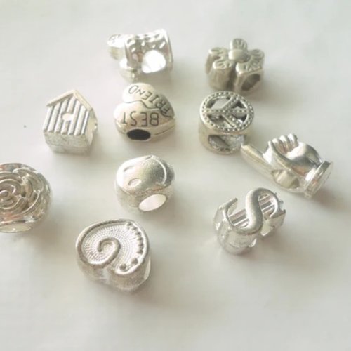 Perle passant argent, lot perle passante bracelet chaine, grand trou, 10 perles