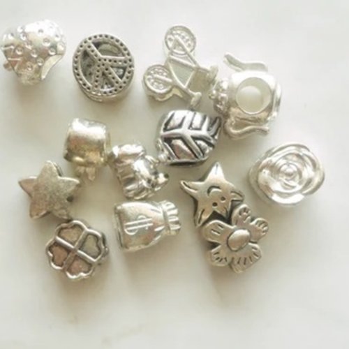 Perle passant argent, lot perle passante bracelet chaine, grand trou, 13 perles