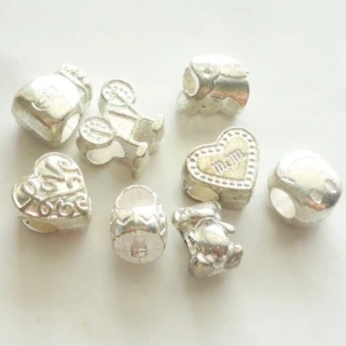Perle passant argent, lot perle passante bracelet chaine, grand trou, 8 perles