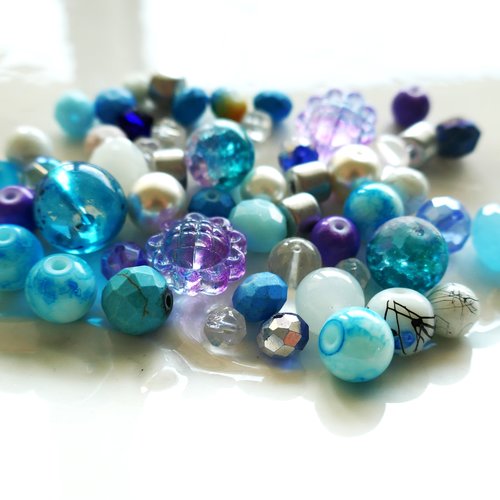 Lot de perles de verre mélangées bleu azur et violet - assortiment fantaisie pour bijoux diy