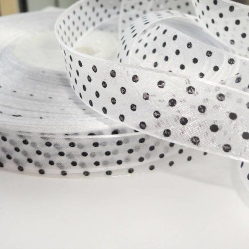 Ruban pois noir sur blanc, 16 mm, ruban organza, mercerie, couture,