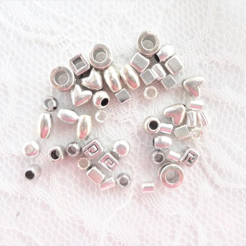 Perle métal entretoise, lot mixte, x48, perle argentée, intercalaire, spacer, bracelet, diy