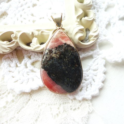 Pendentif pierre naturelle, pierre rhodochrosite, rose et argent, breloque , charme, collier, bijoux diy artisanaux