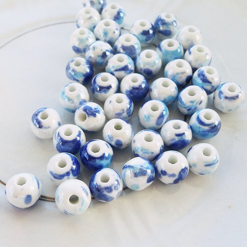 Perle porcelaine fine bleu et blanc nacré, perle ronde  8 mm, céramqiue bleu, porcelaine blanche , diy bijoux création