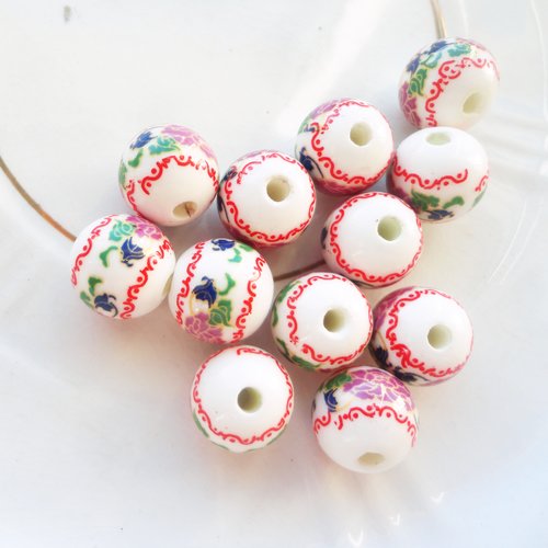 Perle porcelaine imprimé fleur, perle blanche ronde  12 mm, céramique, bijoux romantique, diy