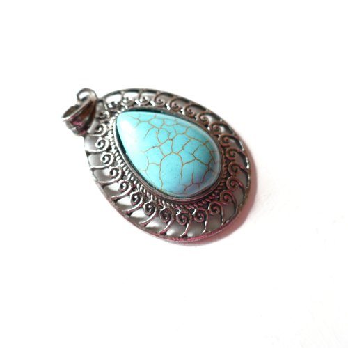 Pendentif goutte bleu turquoise et argent, filigrane goutte,