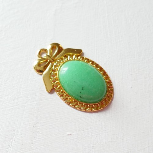 Pendentif en jade naturelle ovale, jade birman, médaillon, vintage, cadre  doré, noeud