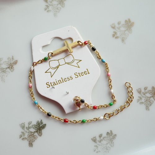 Bracelet croix perle multicolore, bijoux religieux, bapteme, acier, inoxydable