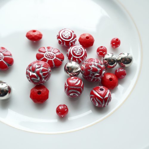 Lot perle en résines rouges et argents, 20 perles indonésiennes pour bijoux, diy,