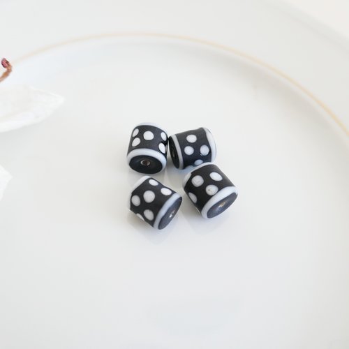 Perles noires à pois au chalumeau, perles pointillées faites main , baril, tube diy bijoux