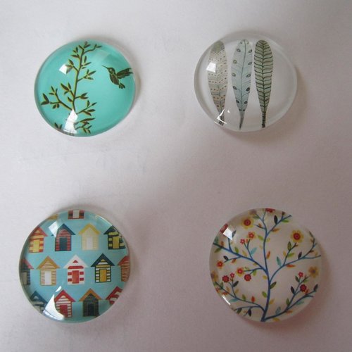 LOT de 10 CABOCHONS en VERRE NOIR et BLANC CAGES ET OISEAUX ronds 10mm perles