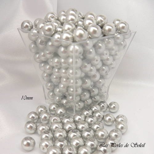 25 perles 10mm nacrées gris clair argenté en verre 