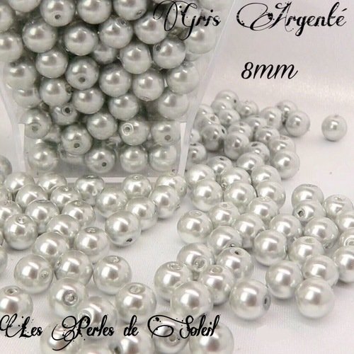 50 perles nacrées en verre 8mm  - couleur  gris clair argenté 