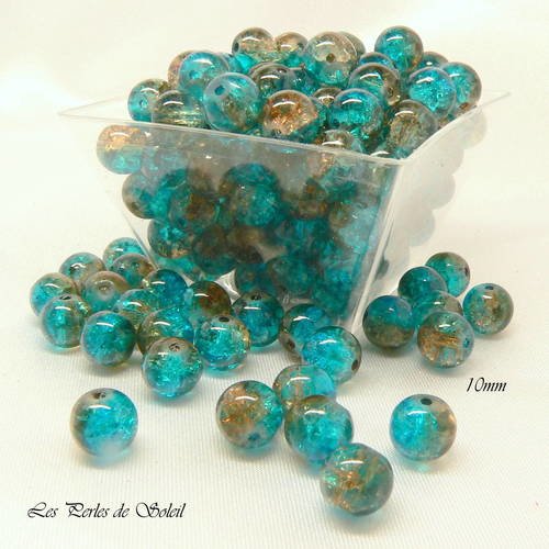 25 perles en verre craquelees bleu / café 10mm 