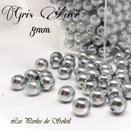 50 perles nacrées en verre 8mm   - couleur  gris acier 